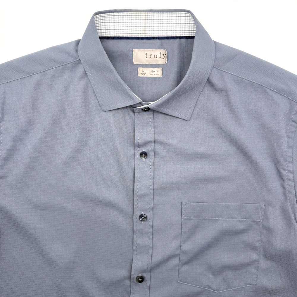 Truly Slim Fit Men's Short Sleeve Solid Blue Button Up‎ Large Dress Casual Shirt